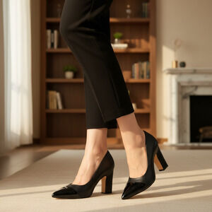 Trary Black Pointed Toe Chunky Heel Pumps Size 7.5 Classic Glam Minimalist